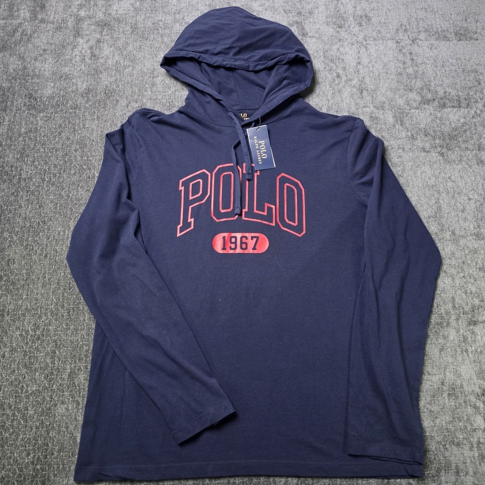 NWT Polo Ralph Lauren Hooded T Shirt Mens Medium Navy Blue Red Spellout Hoodie M